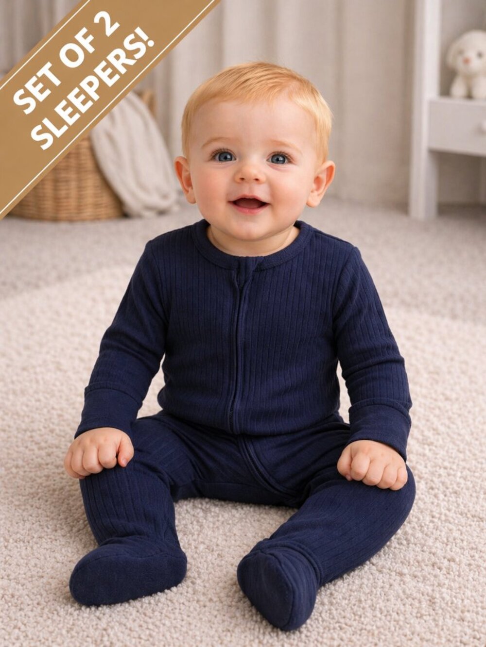 NWT Cloud Island Baby Sleeper Set 0-3 Months 2 Pack Footed Pajamas Navy & Mint - Picture 2 of 3